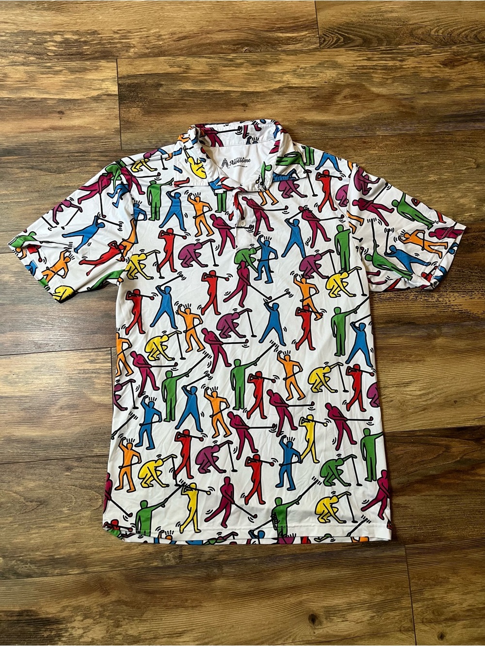 Royal & Awesome Golf Polo Shirt Mens Medium White Colorful Golfer Print Stretch